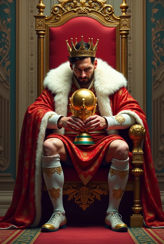 Messi as a king sitting  with his worldcup in his hand in his Kingdom 