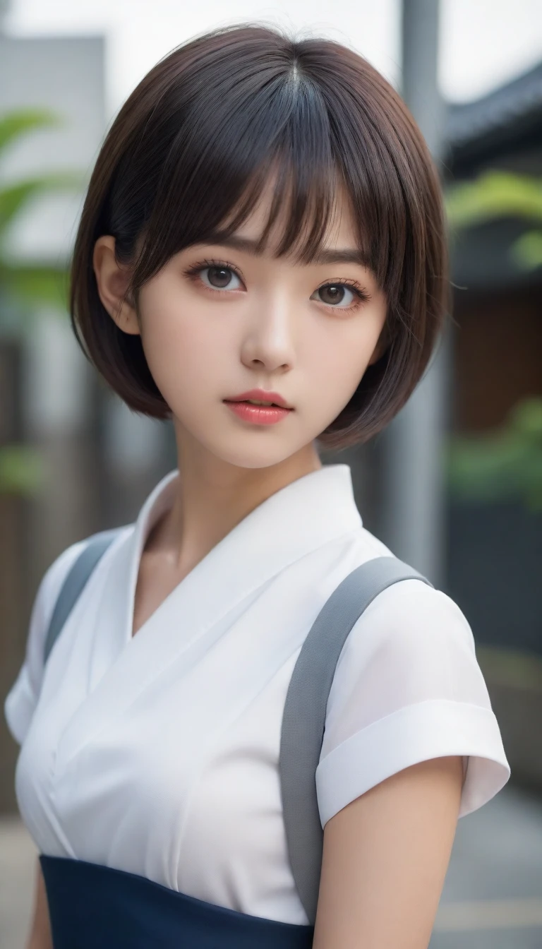 8k, Ultra-high resolution, Highest quality, masterpiece, 三分割法によるphotograph,Surreal, photograph,One Woman, (:1.3), cute, cute顔, 細部までBeautiful Eyes, 細かくdetailedに,masterpiece,One Girl:1.2,Japanese women,kindergarten,close up,glaring,Black short hair,Bowl cut,ID photo,(kindergarten uniforms:1.3),Eccentric,Future City,white collar,((Fusion of humans and androids))(Beautiful attention to detail),Subtle details, detailedな顔,anger,Attractive eyes,(ポートレートphotograph:1.4),(Photorealistic images:1.4),Fantasy art,(Beautiful Face:1.4),美しくAttractive eyes、Beautiful Eyes,Silver residue,(Tight waist:1.4)、(Beautiful with perfect body proportions:1.4),Pink Lips,profile,(((Ideal body type))),A-cup small breasts :2,、Portraiture:2、Perfect ???????、鮮明なdetailed、detailed,Fashion magazine cover,Thin lips,完璧でBeautiful Face ,完璧でcute顔, Skin with attention to detail, Perfect limbs、Narrow waist,Surreal,Light and shadow,spotlight