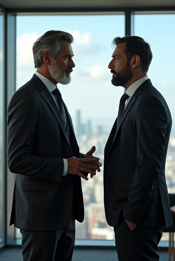 A 40-year-old man with a salt-and- pepper beard, wearing a dark gray three-piece suit, engaged in a serious one-on-one discussion with a younger colleague in a high-rise office with city views.