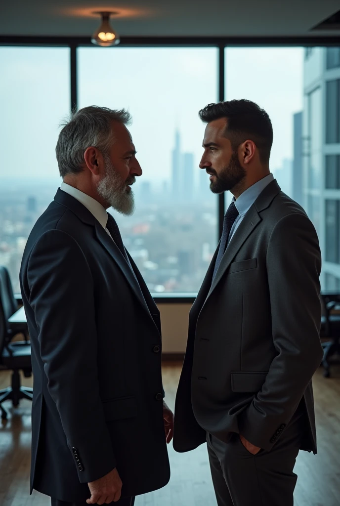 A 40-year-old man with a salt-and- pepper beard, wearing a dark gray three-piece suit, engaged in a serious one-on-one discussion with a younger colleague in a high-rise office with city views.