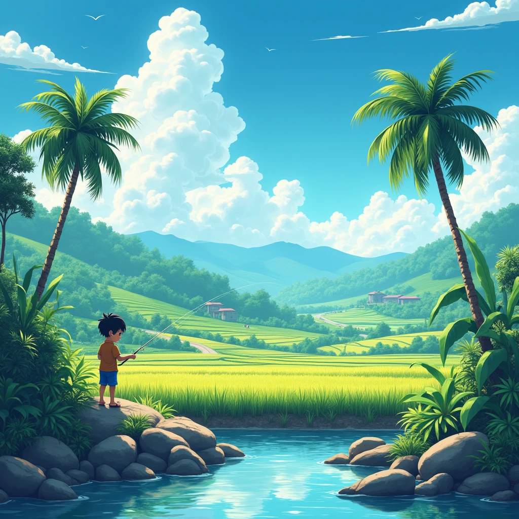 very detail painting of a distance rice farm, village road, a boy fishing near small rocky river, coconut trees, beautiful scenery, tropical heaven, anime countryside landscape, anime landscape wallpaper, sharp outlines, anime landscape, beautiful anime scenery, beautiful puffy clouds. anime, anime scenery, anime background, anime background art, country landscape, anime beautiful peace scene, beautiful anime scene, countryside, hd wallpaper, anime movie background, high quality desktop wallpaper, landscape wallpaper