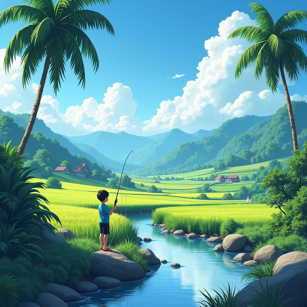 very detail painting of a distance rice farm, village road, a boy fishing near small rocky river, coconut trees, beautiful scenery, tropical heaven, anime countryside landscape, anime landscape wallpaper, sharp outlines, anime landscape, beautiful anime scenery, beautiful puffy clouds. anime, anime scenery, anime background, anime background art, country landscape, anime beautiful peace scene, beautiful anime scene, countryside, hd wallpaper, anime movie background, high quality desktop wallpaper, landscape wallpaper