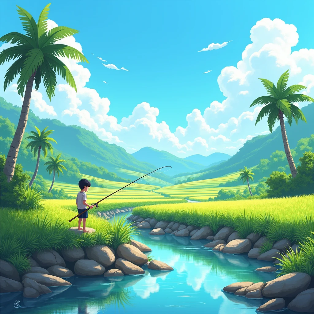 very detail painting of a distance rice farm, village road, a boy fishing near small rocky river, coconut trees, beautiful scenery, tropical heaven, anime countryside landscape, anime landscape wallpaper, sharp outlines, anime landscape, beautiful anime scenery, beautiful puffy clouds. anime, anime scenery, anime background, anime background art, country landscape, anime beautiful peace scene, beautiful anime scene, countryside, hd wallpaper, anime movie background, high quality desktop wallpaper, landscape wallpaper