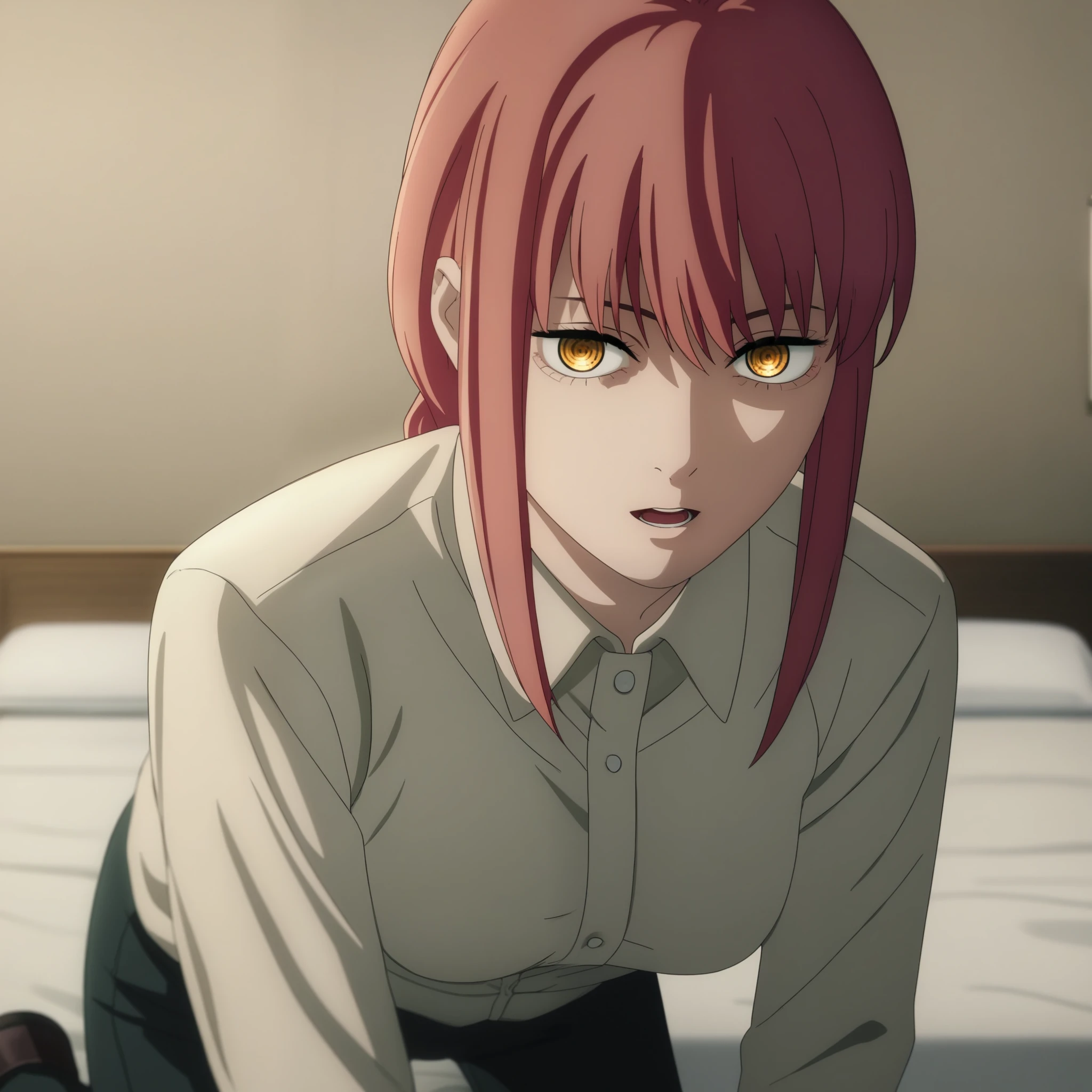 source_anime,
Makima, long hair,  Braided Ponytail ,red hair, detailed gold eyes, hair between eyes,(( perfect eyes )), Perfect face, expressive eyes, close up face,
((undress dress shirt)),bra ,pants,
indoors, bed, realistic bed room, kneeling, 
cowboy shot, looking at viewer, solo, dutch angle, [medium breast], open mouth,