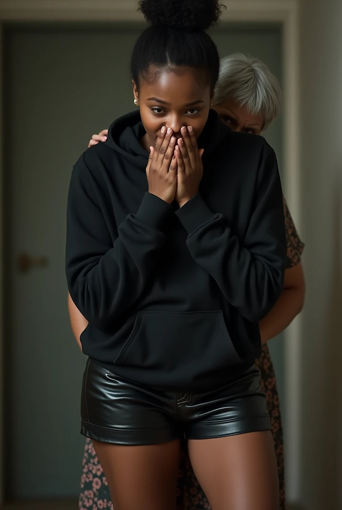 black woman hair in a bun black hoodie shiny black leather short shorts pockets in shock as a old grandma in a dress on her knees kissing her ass behind her hand is in her ass holding her ass backside view