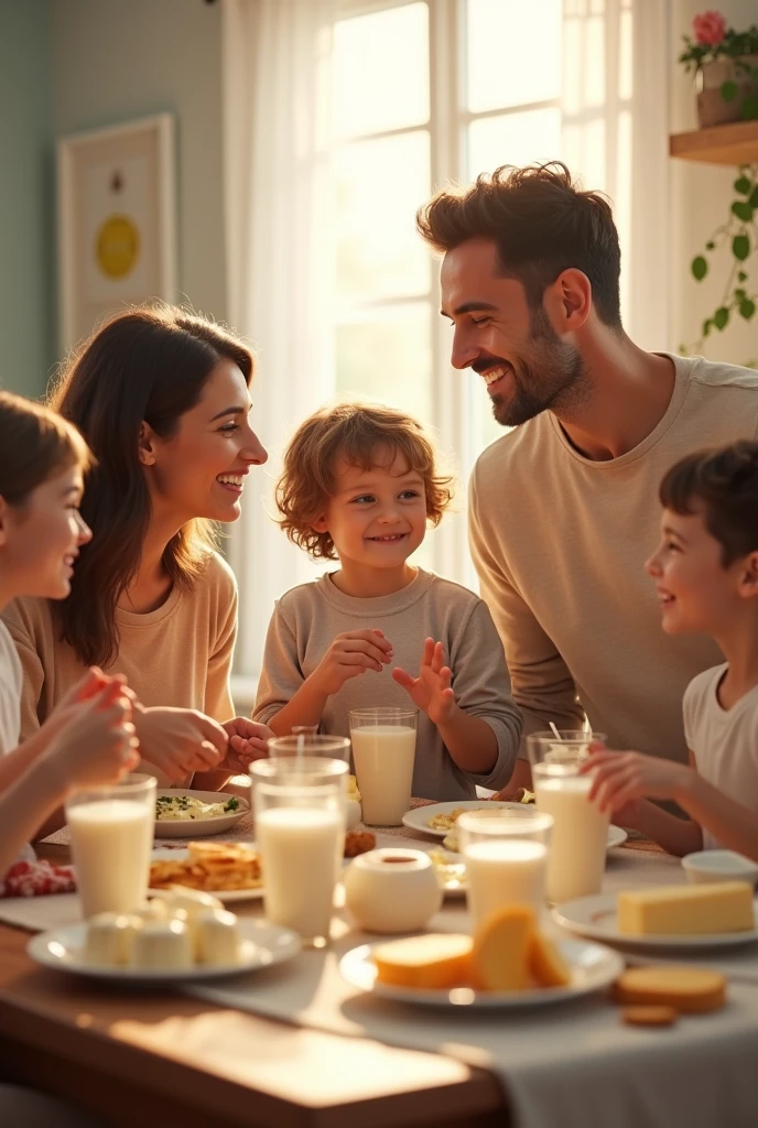 Now a happy family sitting at a table with milk and dairy products on the table