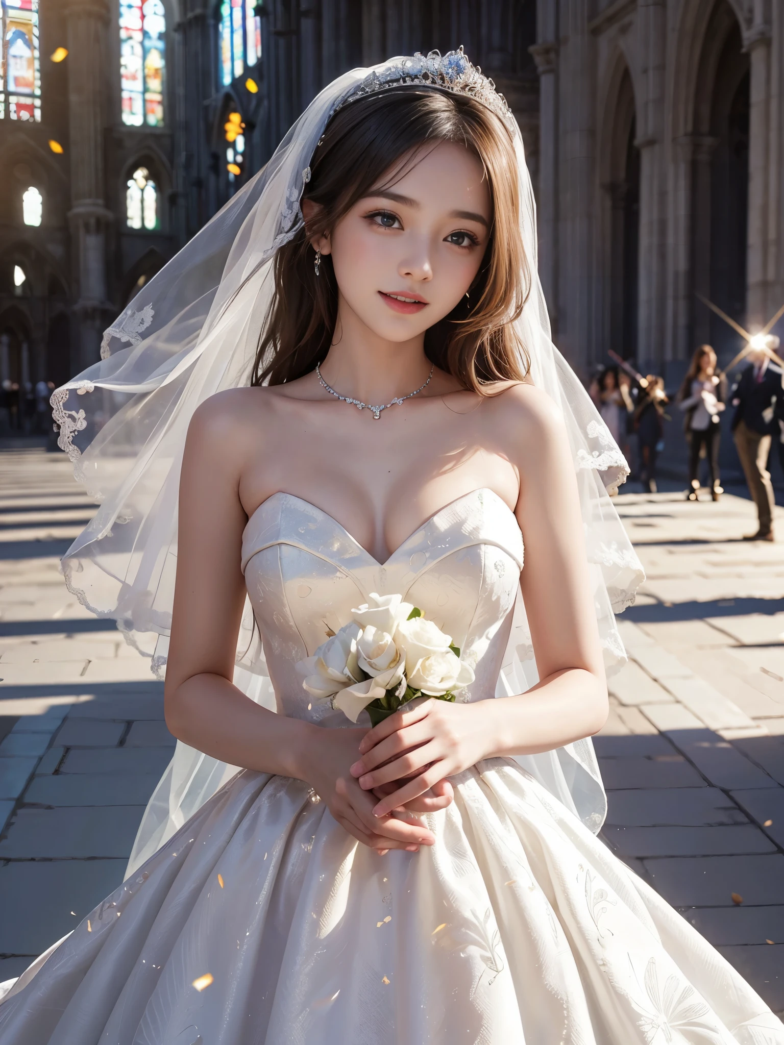 best quality, masterpiece, 1 girl, A huge laugh, cute teen, shiny lips, sweet, sun glare, Conservative attire, wedding dress, Bridal Tiara, depth of field, blurred background, Cathedral Background, light particles, strong wind, head tilt