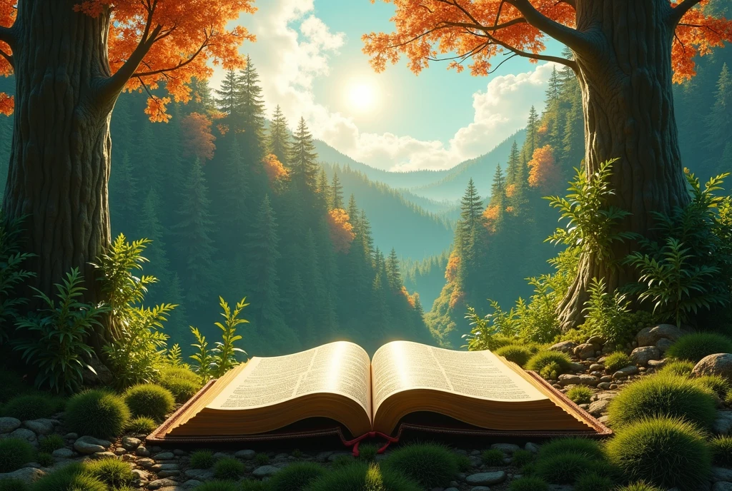 Hill covered with glory, tall trees and fire. an open Bible