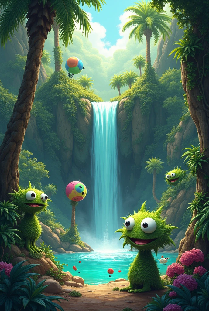 Can you create multiple funny weed head characters in a paradise world with a waterfall?, dune jungle