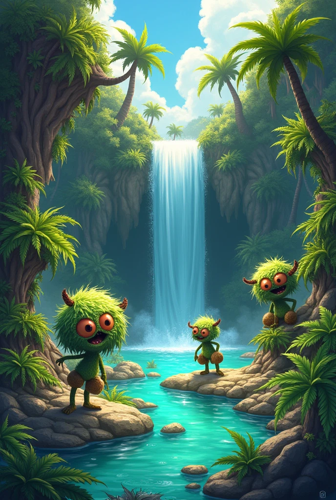 Can you create multiple funny weed head characters in a paradise world with a waterfall?, dune jungle
