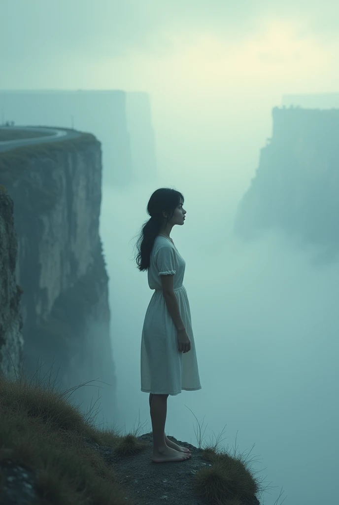 A girl standing at the edge of a cliff or a foggy road, looking into the distance, symbolizing the vast, unknown future.