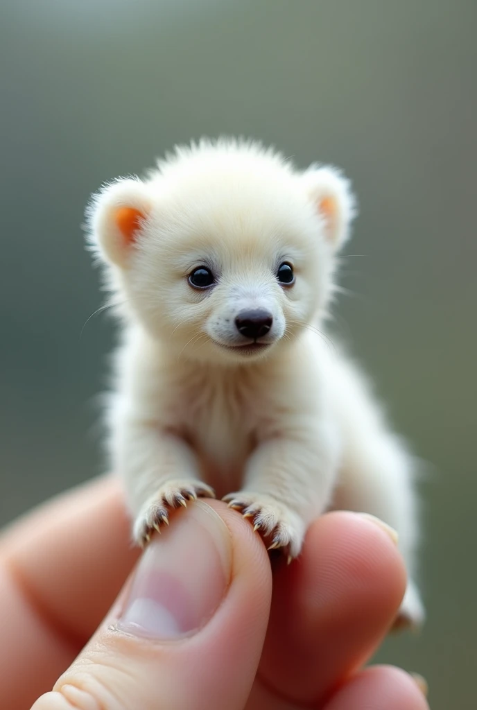 The world's smallest baby highland bear, a white calf perched on someone's finger, is undoubtedly cute and charming. The photo is very realistic and captures the subtle features of the miniature bear with precise precision.