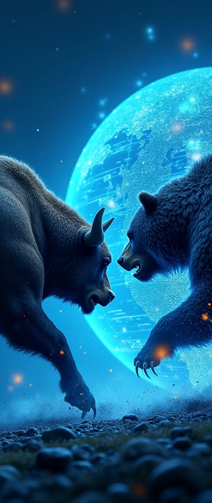 Bull vs bear with digital globe of stock market   use blue colour 


