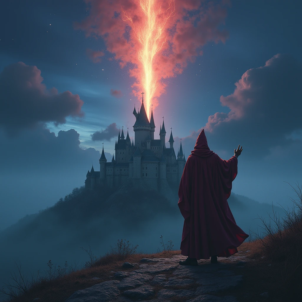 a meteor falls to the castle, a wizard raise his hand on the hill,