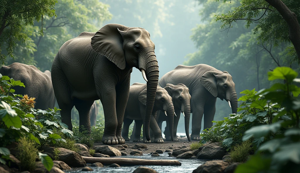 high quality, 8K Ultra HD, A beautiful wildlife animals more beautiful elephant with   dangerous jungle, plants, bigy wood ,   more elephant group , babys ,big plants , natural jarana , wood  , flowers 