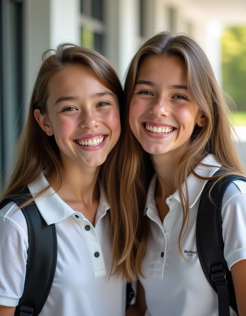 Feelings of love between sisters, the concept of diligence and excellence, a close-up photo of two  students, smiling, wearing a UNIFORM  and backpack, looking at the camera with gestures of joy and pleasure, educational schools CONCEPT