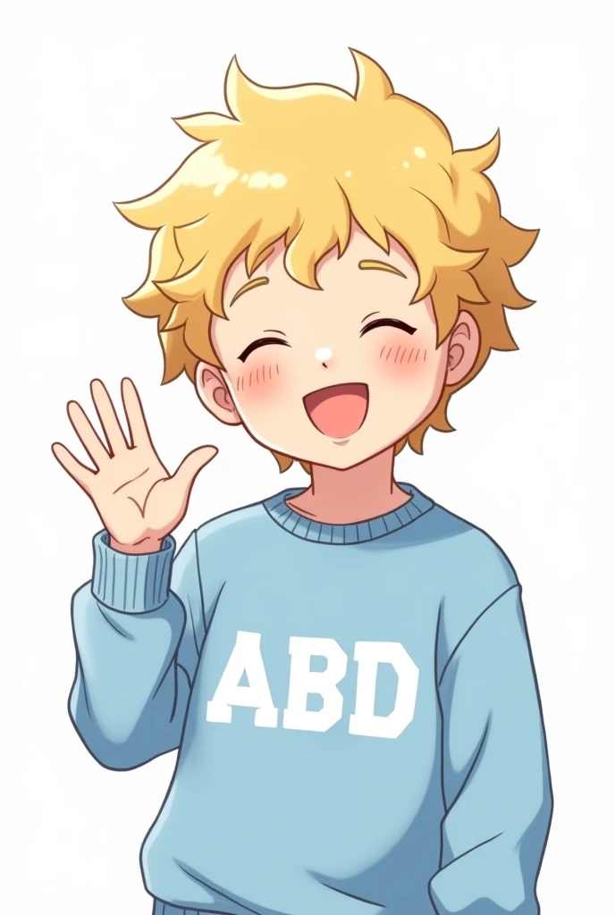 Make me a boy who looks like in anime, he has blonde curls and the background is white, he smiles with his eyes closed and waves, the background should also be white and he has a light blue sweater with ABD written on it in white letters
