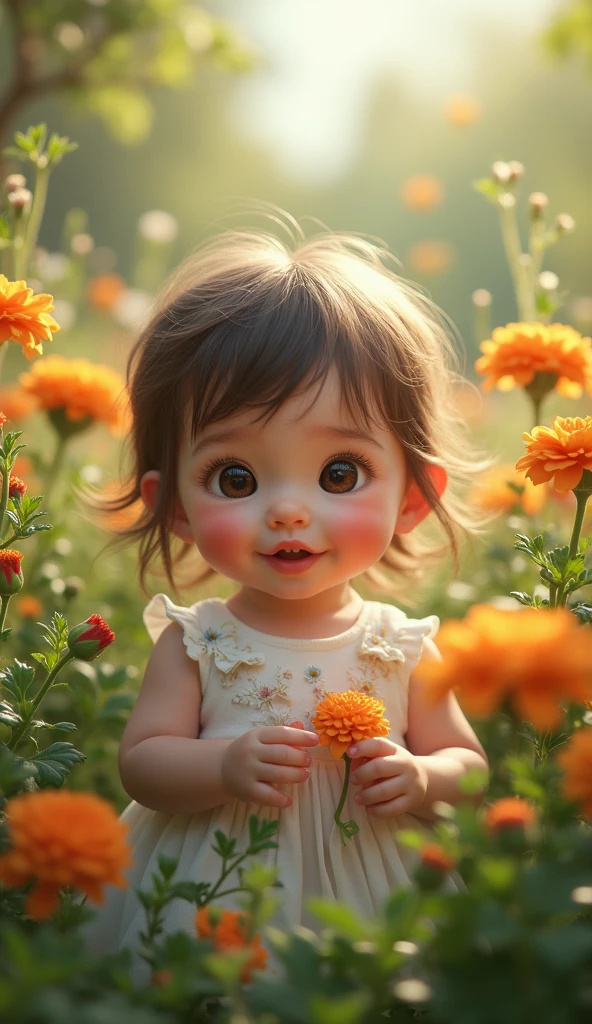 Create a UHD photorealistic image of a 24-months-old girl named Maëlysse, surrounded by a garden of blooming flowers. Captured with a 100mm f/2.8 macro lens to focus on her delicate features and the vibrant floral realistic background. Ensure exactly five fingers, no 3D style image, no animation style, no Pixar style animation.
