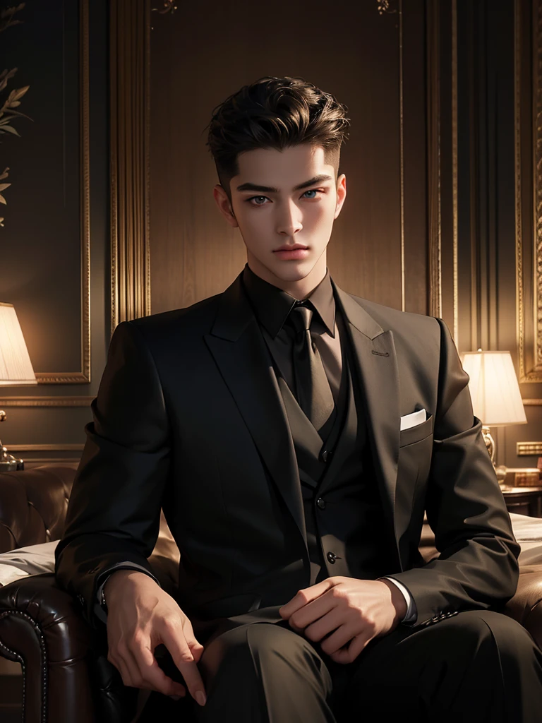 ((masterpiece)), ((best quality:1.2)), high resolution, 8k, (ultra_realistic:1.3), (photorealistic:1.4), (absurdres), sharp focus, highly detailed, (high quality), (masterpiece), handsome man, 25 year-old. Korean, 2,
normosthenic, black suit, green eyes, muscular, full body, dark light, front light, rim light. Mafia boss aesthetic. Rich billionaire boyfriend.