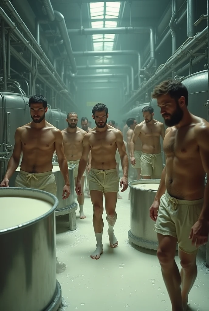 Men working naked in milk factory
