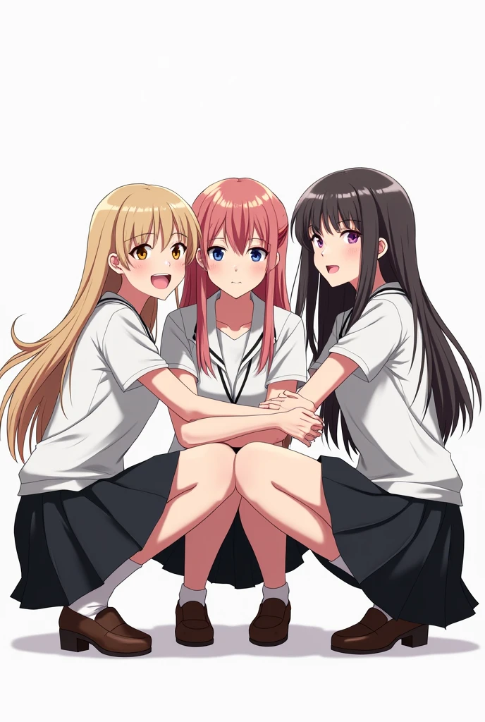 Wearing a white shirt and black skirt、A group of female students with long hair squatting with their arms crossed and smiling
