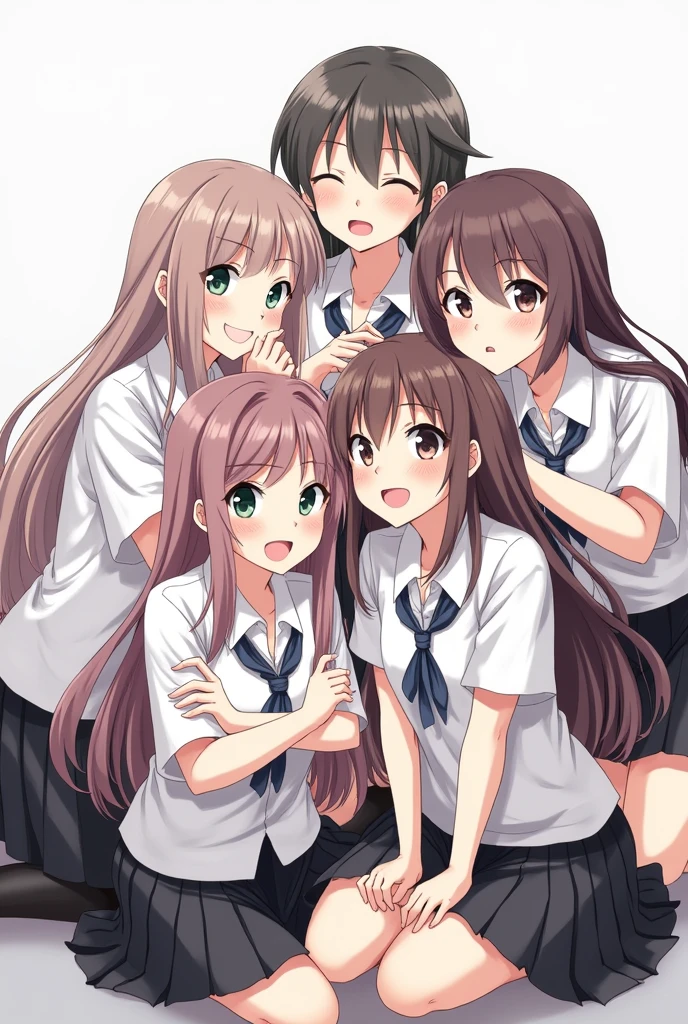 Wearing a white shirt and black skirt、A group of female students with long hair squatting with their arms crossed and smiling
