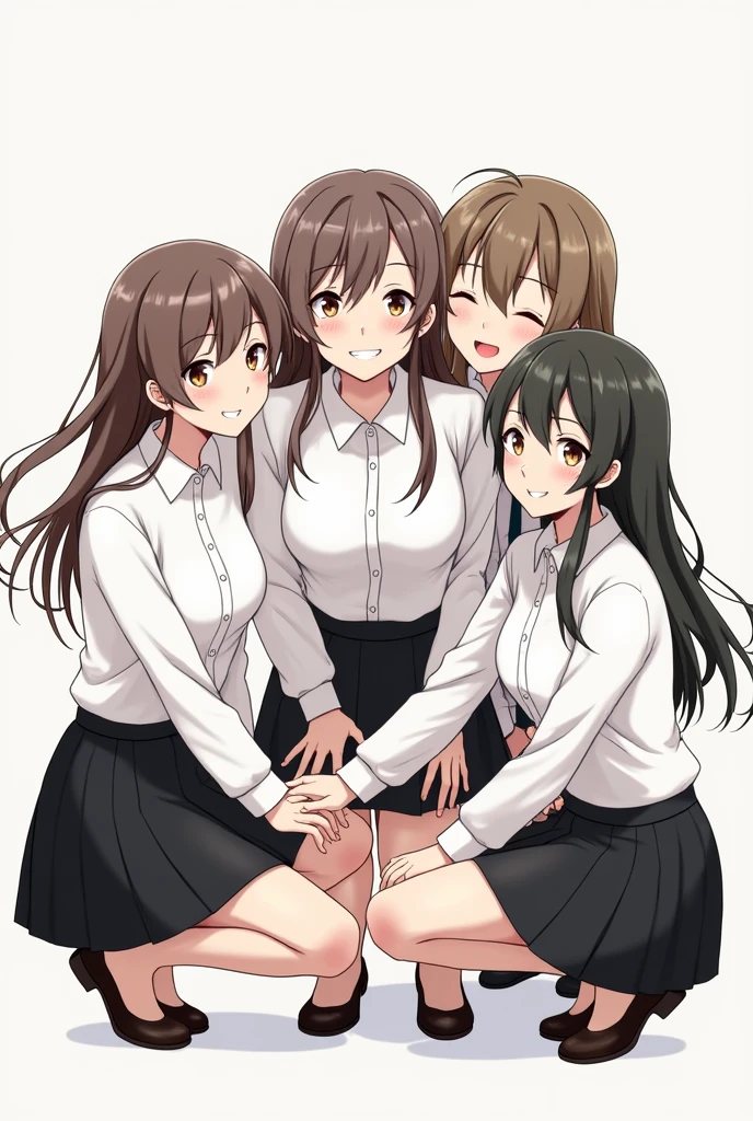 Wearing a white shirt and black skirt、A group of female students with long hair squatting with their arms crossed and smiling
