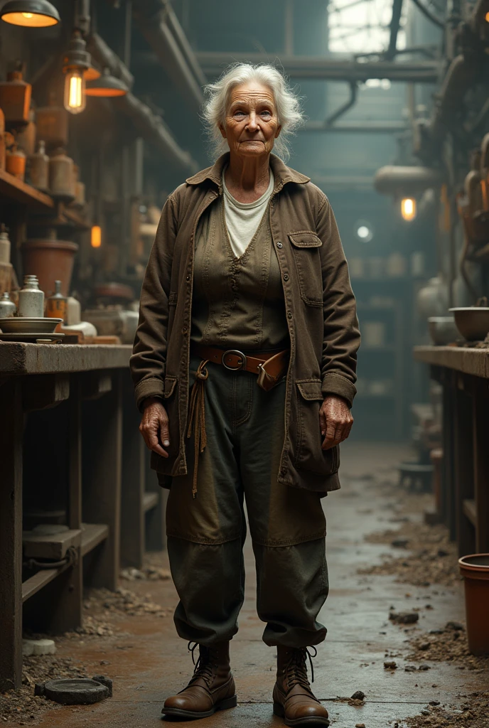 old woman, macular, good looking, wearing dirty white Henley, brown cotton waist coat, dark brown jacket, blue jeans, worker style, rugged clothes, working hat, inside glass factory, standing on the floor, leather old shoes,