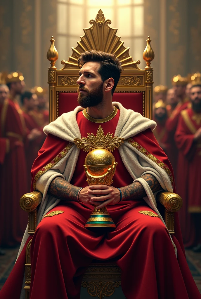 Messi as a king sitting  with his worldcup in his hand in his Kingdom with all his people 