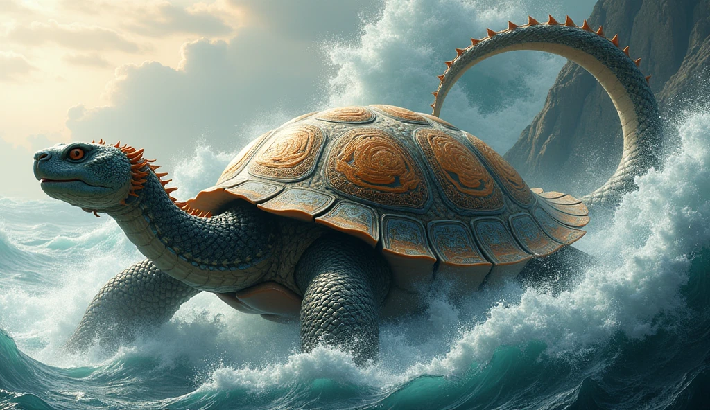 Dragon turtle,Huge, Heavy tortoiseshell shell,Chinese leader,The long tail of the snake,soaring waves,China-style,oc rendered,super-fine,high qulity,8K high resolution,ultra - detailed