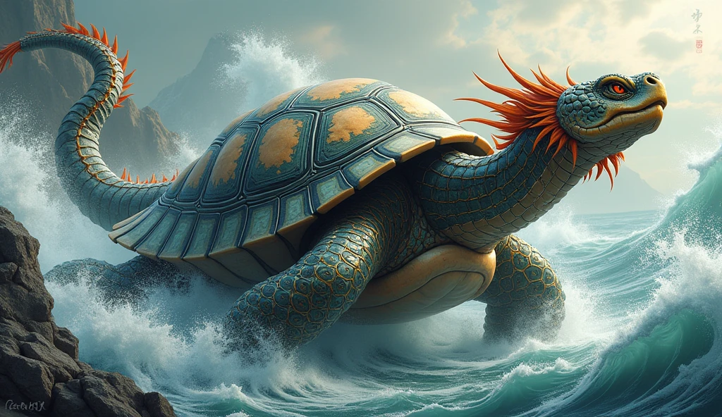 Dragon turtle,Huge, Heavy tortoiseshell shell,Chinese leader,The long tail of the snake,soaring waves,China-style,oc rendered,super-fine,high qulity,8K high resolution,ultra - detailed