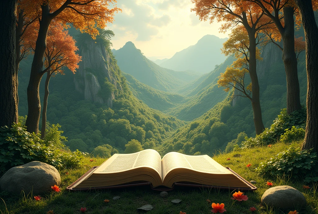 Hill covered with glory, tall trees and fire. an open Bible