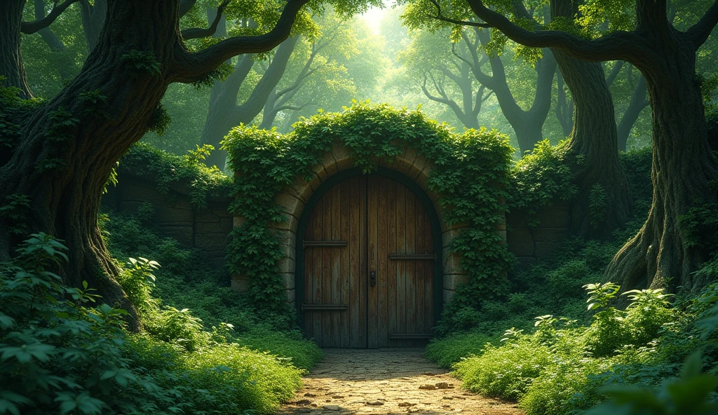 A dense forest with a partially hidden rusty gate overgrown with ivy.
3d animation ,disney and inspiration
