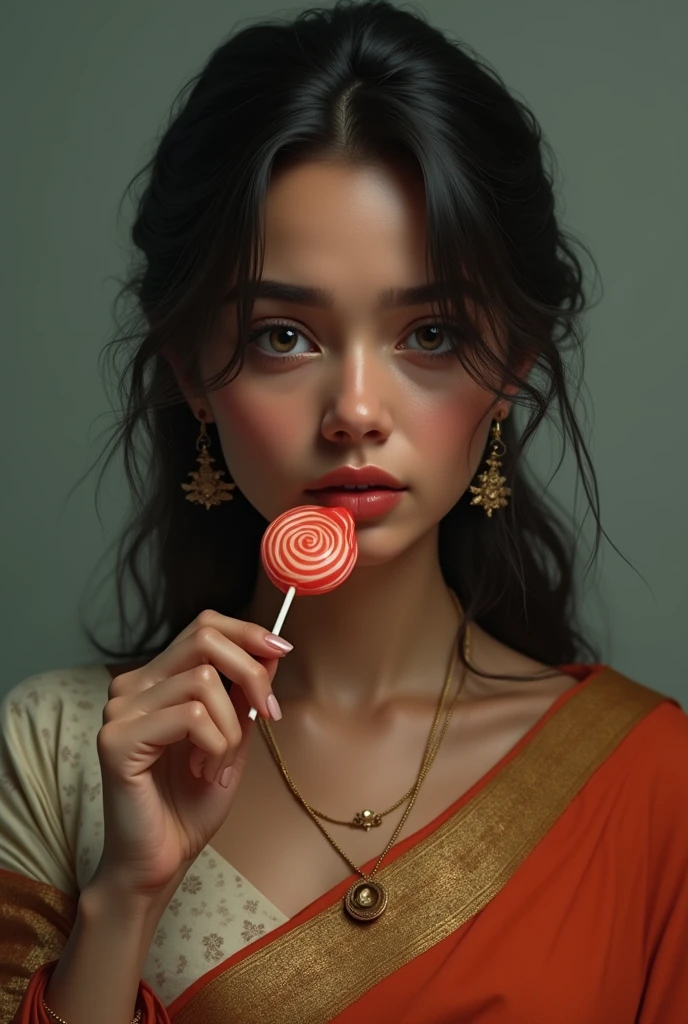 beautiful indian girl,saree,(Best quality, 8k, 32k, perfect body, ultra detailed body)big breast 2.0,crrying face,detailed face ,eating lolipop