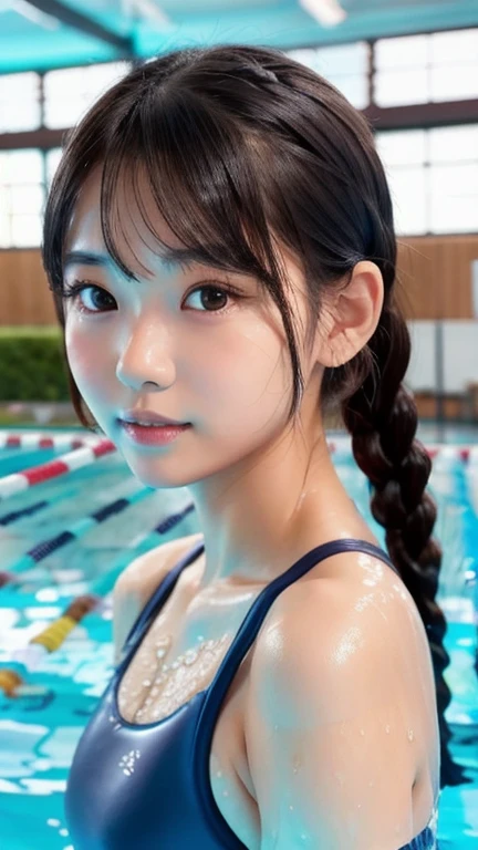 One Girl, (a beauty , delicate :1.3), (:1.3),((Wet school swimsuit)) (Navy School Swimsuit:1.3),((Cute pose)) ,Very detailedな明瞭さ, (Symmetrical eyes:1.3), (School swimming pool, indoor:1.3), Small breasts, Brown eyes, ((very beautiful long black hair)),((Sexy braids))、 Brown Hair, ,, (Eye and facial details:1.0),, (masterpiece, Highest quality, Very detailed, Detailed face, 8k)