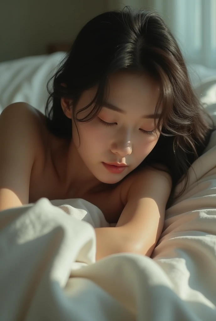 A Korean woman naked laying In the bed showing her underarm