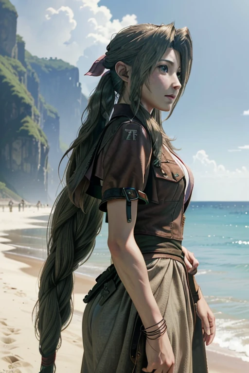 ((Super detailed, masterpiece, Highest quality)) (((FF7,Aerith Gainsborough))) alone, Facing forward, Green Eyes, Brown Hair,Realistic reproduction of every detail、Asahi Beach