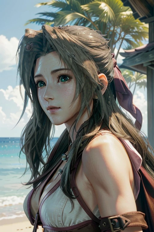 ((Super detailed, masterpiece, Highest quality)) (((FF7,Aerith Gainsborough))) alone, Facing forward, Green Eyes, Brown Hair,Realistic reproduction of every detail、Asahi Beach