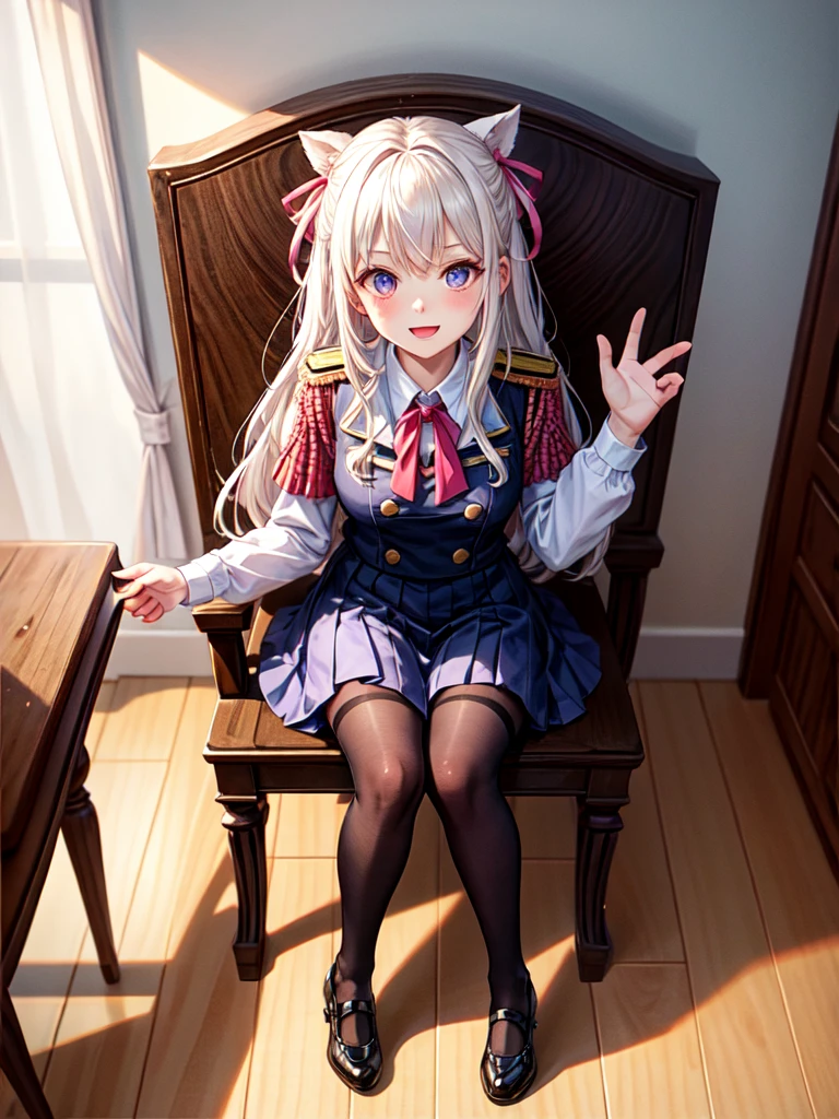 Masterpiece of detail, top quality, 1 girl, solo, 25 years old, 140cm, flat, tiny tits, silky textured hair, medium length, braids, two color mesh, realistic eyes, great looks , neat, up close, closed_mouth, smile, blush, shy, matching hat, hat, pink bow tie, , blue jacket, jacket, skirt, gray pleated skirt, cutter shirt, white shirt, legs, black socks, sitting, office, hair_ornament, looking_at_viewer, beautiful detailed eyes, mesmerizing gesture, seduction, professional effects, inviting, natural princess, receptionist, corporate building
