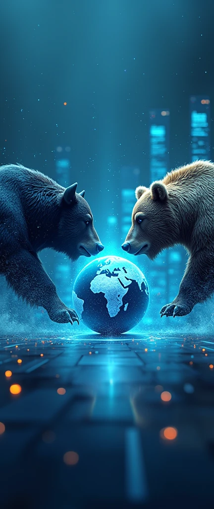 Bull vs bear with digital globe of market at the centre use blue colour