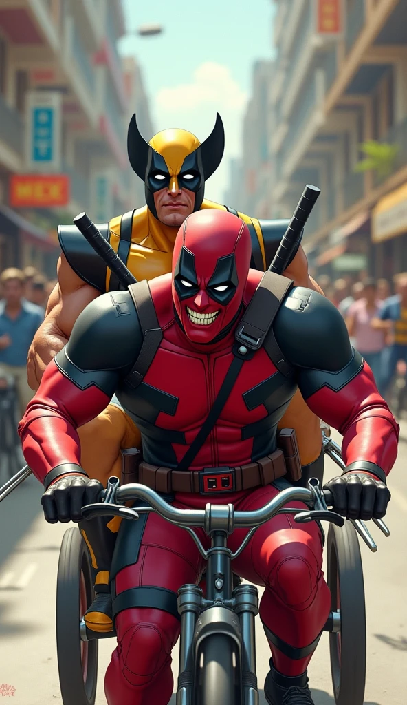 Deadpool, with a mischievous grin beneath his mask, enthusiastically pedals a rickshaw, while Wolverine sits in the back with a stoic expression, his adamantium claws ready. The scene is surreal—Deadpool, full of jokes and mischief, spins the pedals like it’s some wild adventure, while Wolverine, appearing unfazed, shows a hint of thin patience in his eyes amidst the chaos. The contrast between Deadpool’s antics and Wolverine’s calm creates a bizarre yet heartwarming moment, where, despite all the craziness, there’s an unspoken bond of friendship between them.