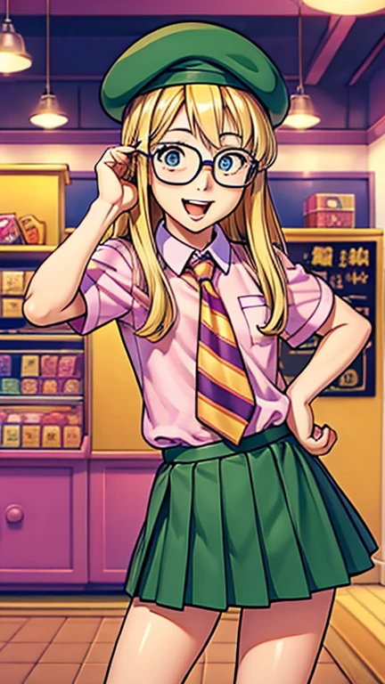 (1girl, Penny_crayon), (extremely detailed CG unit 8k wallpaper),(master part), (best quality), (ultra detail), (best illustration),(candyland), cowboy shot, (Sharp eyeliner, ombre, detailed eyes:1), at the front of candy display, indoor, full background, break , (Tsukasa-Hojo-Style), upper body, glasses, necktie, green skirt, beret, long hair, open mouth, pleated skirt, shirt, skirt, smile, solo, pencil on hair, blonde hair, bead eyes