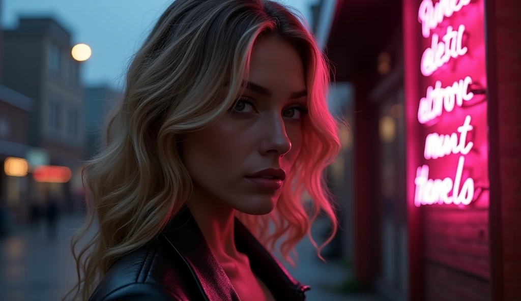 Sexy woman, sensual look, Profile, wavy blonde. Add a discreet pink neon sign that reads textually "Electronic music" in the urban scene.