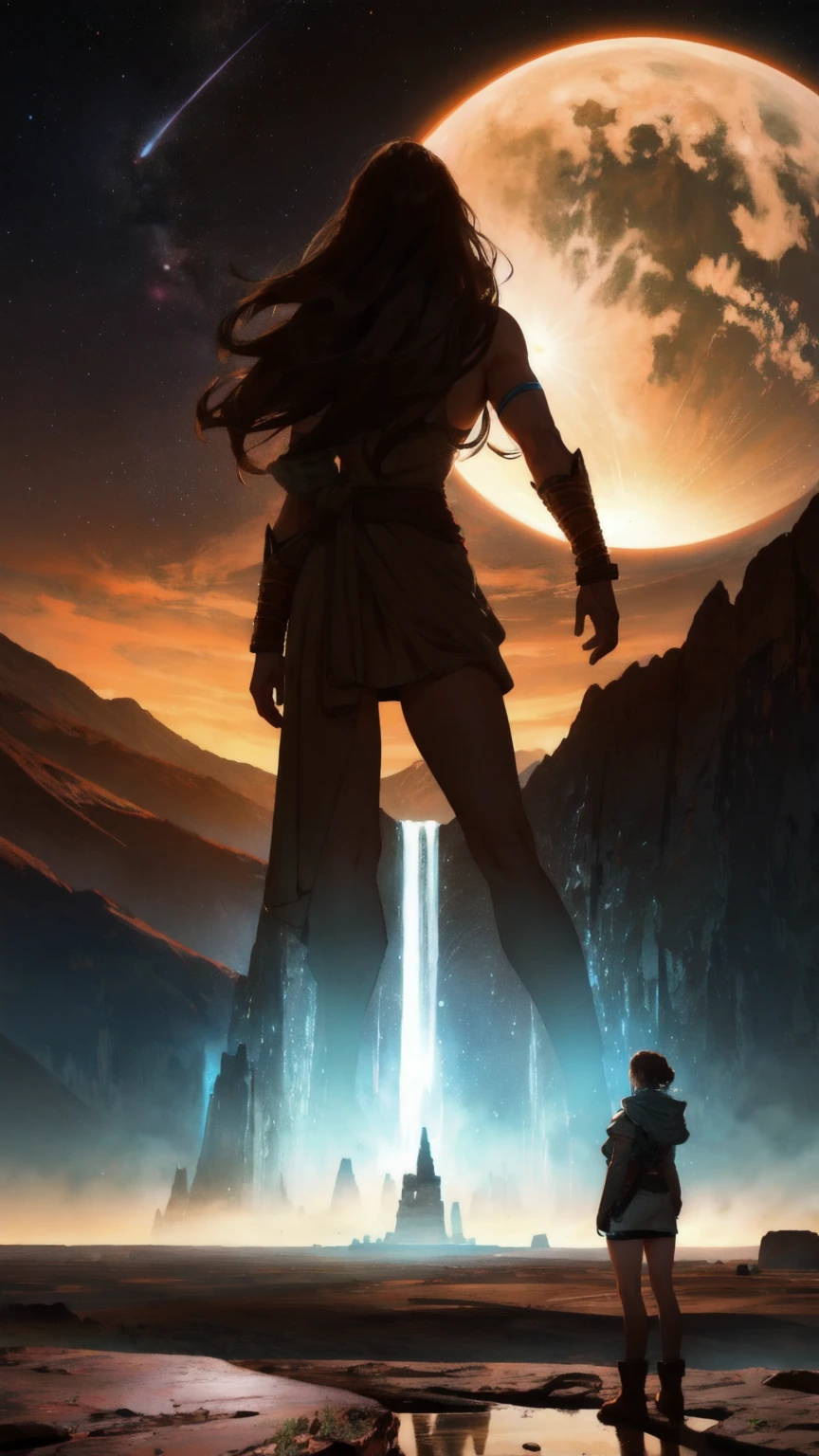 A colossal girl made of stone, towering over a brown landscape filled with rocky mountains and craters. Her muscular form is emerging from the ground, with chunks of rock floating around her, symbolizing immense strength. A distant planet and galaxy in the background add a cosmic feel, with the entire scene bathed in warm brown tones. The scene evokes the resilience and power of 'Mt. Gox Survivors,' set against a backdrop of a majestic, brown, otherworldly environment.