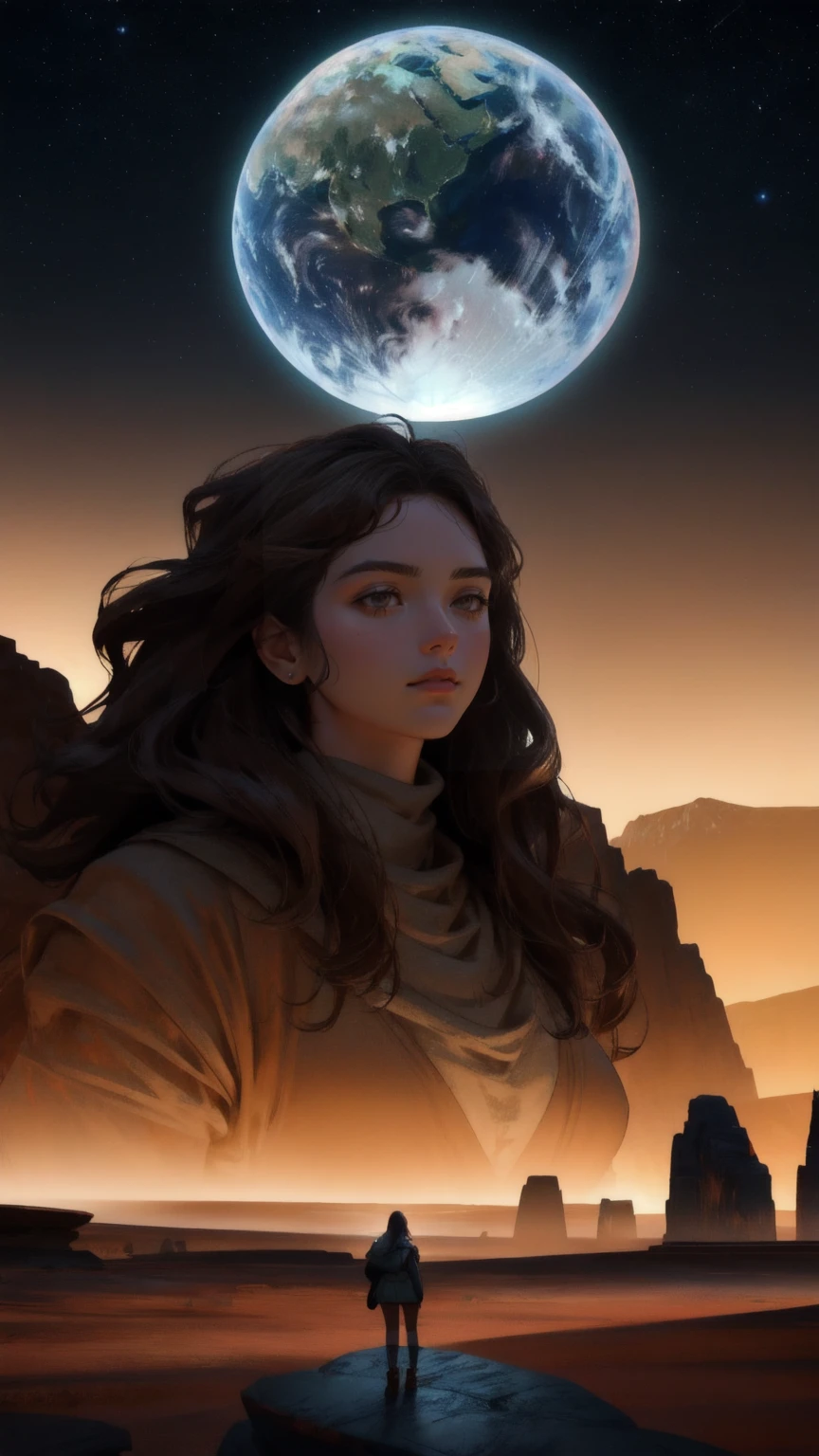 A colossal girl made of stone, towering over a brown landscape filled with rocky mountains and craters. Her muscular form is emerging from the ground, with chunks of rock floating around her, symbolizing immense strength. A distant planet and galaxy in the background add a cosmic feel, with the entire scene bathed in warm brown tones. The scene evokes the resilience and power of 'Mt. Gox Survivors,' set against a backdrop of a majestic, brown, otherworldly environment.