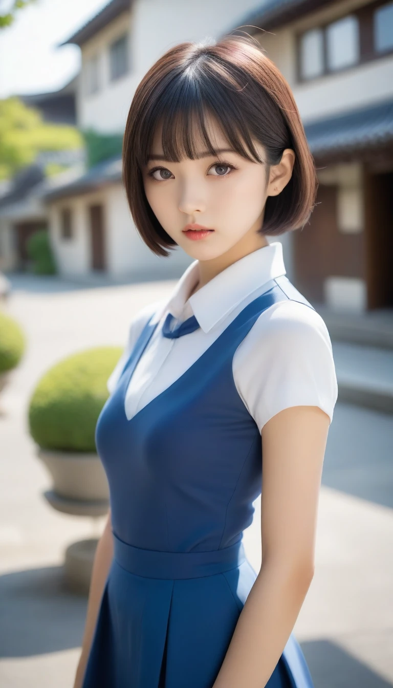 ((top-quality、8K、masterpiece:1.3))、女の子1人、Slender Abs、sofas、hyperdetailed face、A detailed eye、二重まぶた、straight flat chest、tiny chest、small tits、neat college girl、short-hair、Straight bob hair、short hair or braid with bangs,,,、A wistful look、Schoolgirl Uniform、Panties are visible from the skirt、a 20 yo woman、Sheer white shirt、Navy blue ribbon at the collar、Dark blue pleated micro mini、Sexy、Peek at the viewer、Beautiful graphics、Bright school building with strong sunlight、Show me your whole body、is standing、Plump panties、White Sox、Lift the hem of the skirt with both hands、Showing white panties、depth of fields、Bokeh in the background、soaked、Drenched all over the body、Wear the shirt directly on bare skin