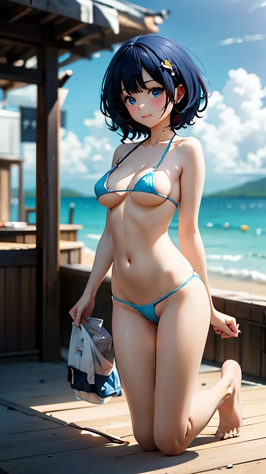 masterpiece, Highest quality, Highly detailed illustration, Beautiful face in every detail, Perfect Anatomy, Realistic,Take a full body photo, woman，high school student,cute,short hair、（Large Breasts、Open your heart）,Wearing a micro bikini，cute笑顔,On a deserted tropical beach,Nudist Beach、jump into the sea、Make a Splash!