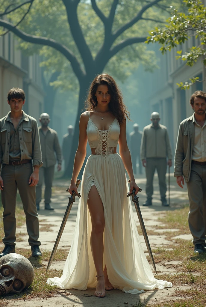 A beautiful young woman with a fierce look was wearing a torn white dress with a long skirt that revealed her underwear. Han Fu was holding a pair of swords. A pair of young men in grey clothes stared at the middle of the deserted courtyard. They looked at the uninhabited area and saw a hideous zombie lying dead on the ground next to them by a large tree, along with a group of zombies walking towards them.
