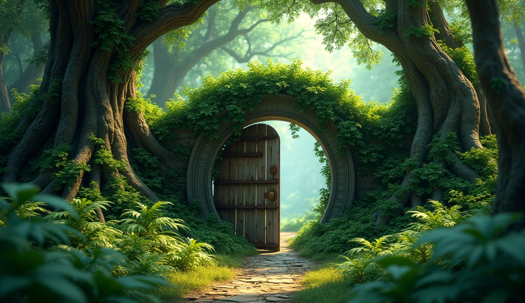 A dense forest with a partially hidden rusty gate overgrown with ivy.
3d animation ,disney and inspiration