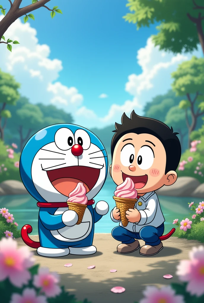 (Anime photo type) create 4k Doreamon anime immage Doreamon and Nobita character they enjoy ice cream in a beautiful background place.
